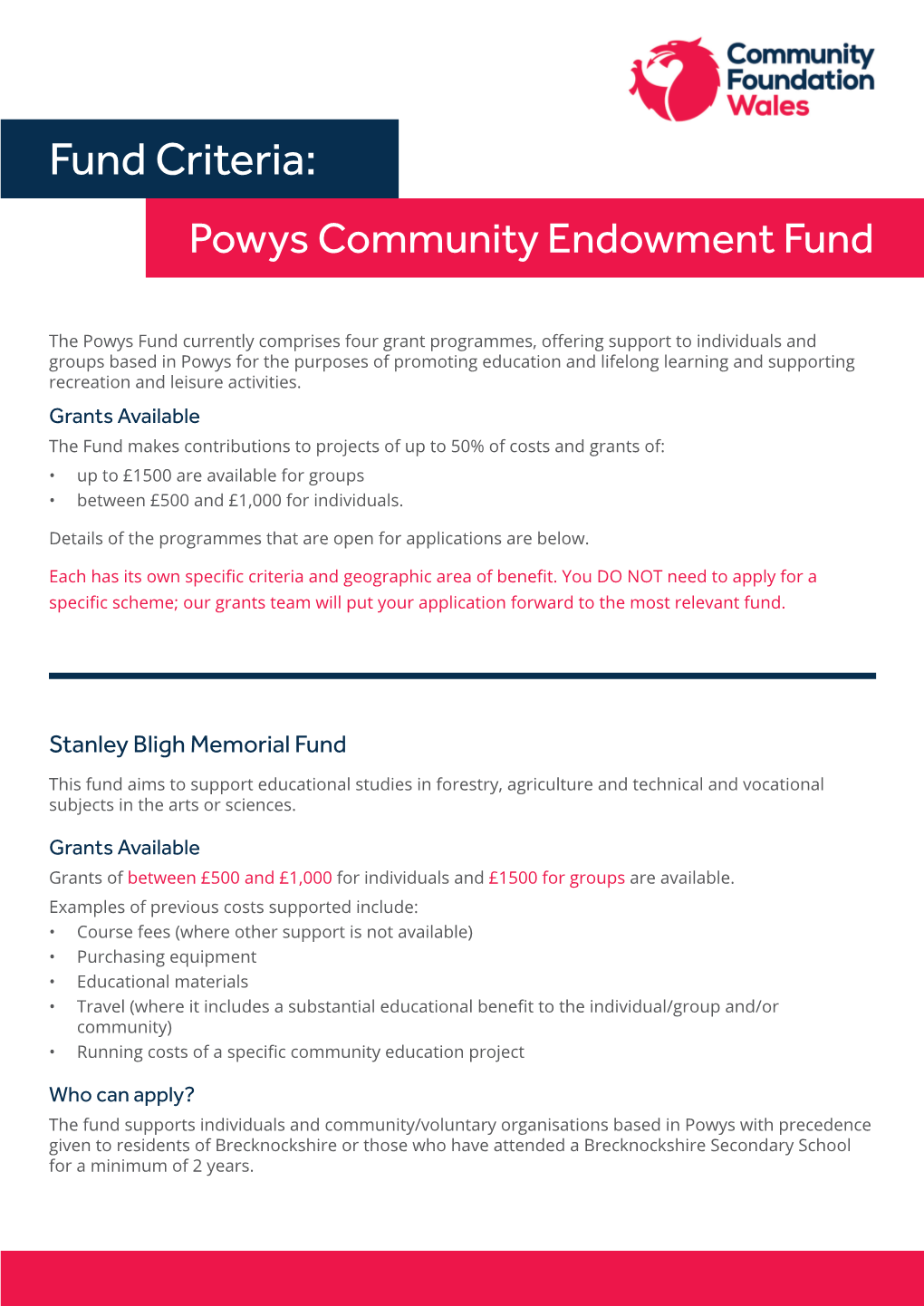 Fund Criteria: Powys Community Endowment Fund