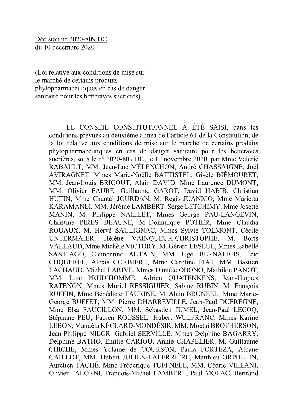 Décision N° 2020-809 DC Du 10 Décembre 2020, [Loi Relative Aux Conditions De Mise Sur Le Marché De Certains Produits Phytoph