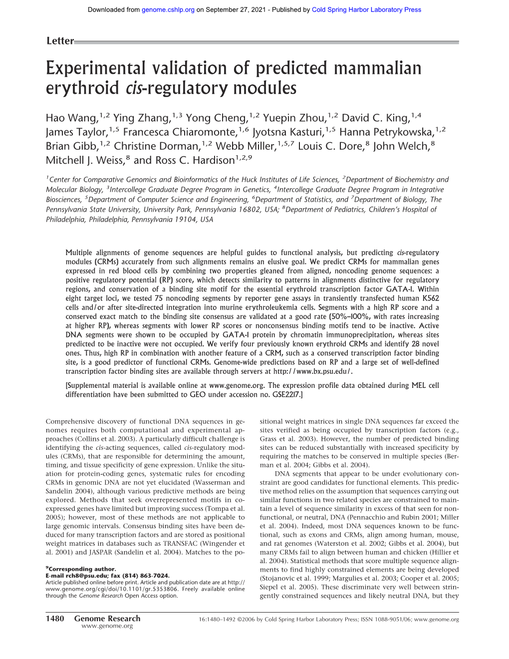 Experimental Validation of Predicted Mammalian Erythroid Cis-Regulatory Modules