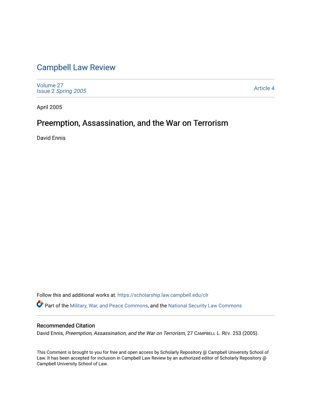 Preemption, Assassination, and the War on Terrorism