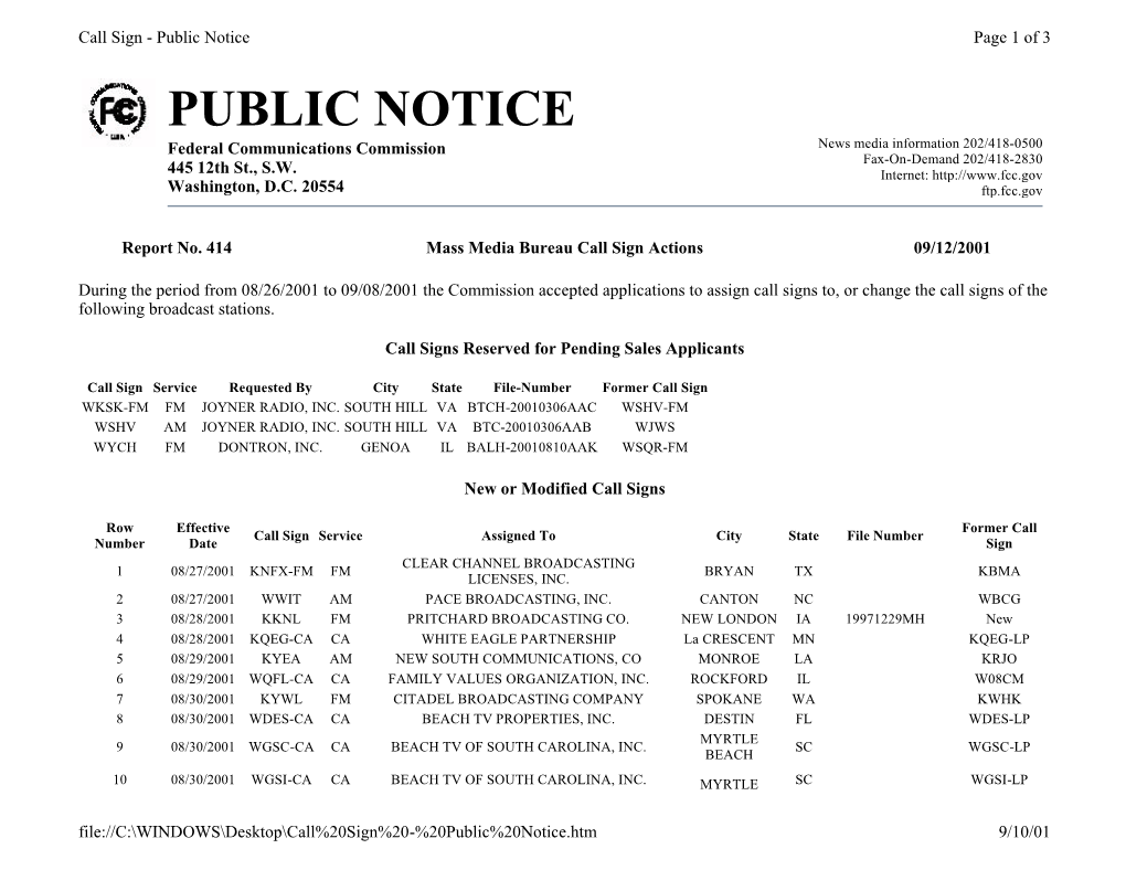 Public Notice Page 1 of 3 PUBLIC NOTICE Federal Communications Commission News Media Information 202/418-0500 Fax-On-Demand 202/418-2830 445 12Th St., S.W