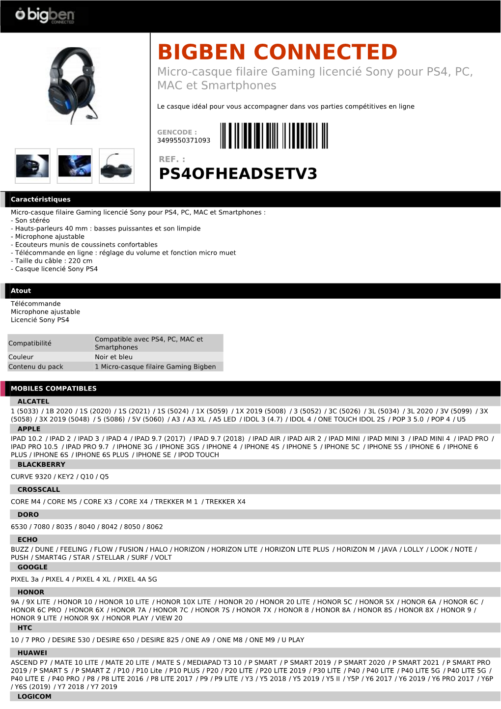 BIGBEN CONNECTED Micro-Casque Filaire Gaming Licencié Sony Pour PS4, PC, MAC Et Smartphones
