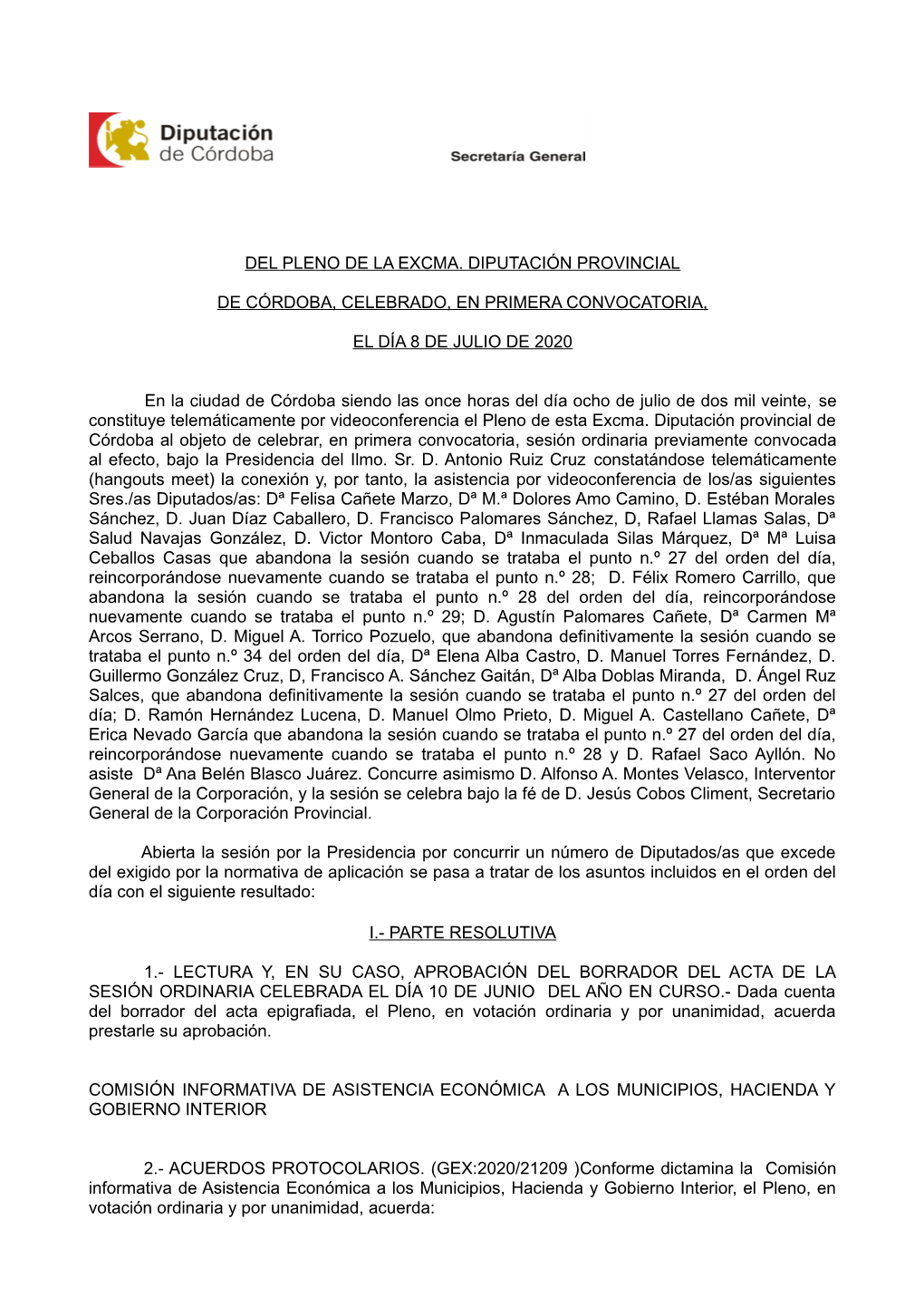 Del Pleno De La Excma. Diputación Provincial De