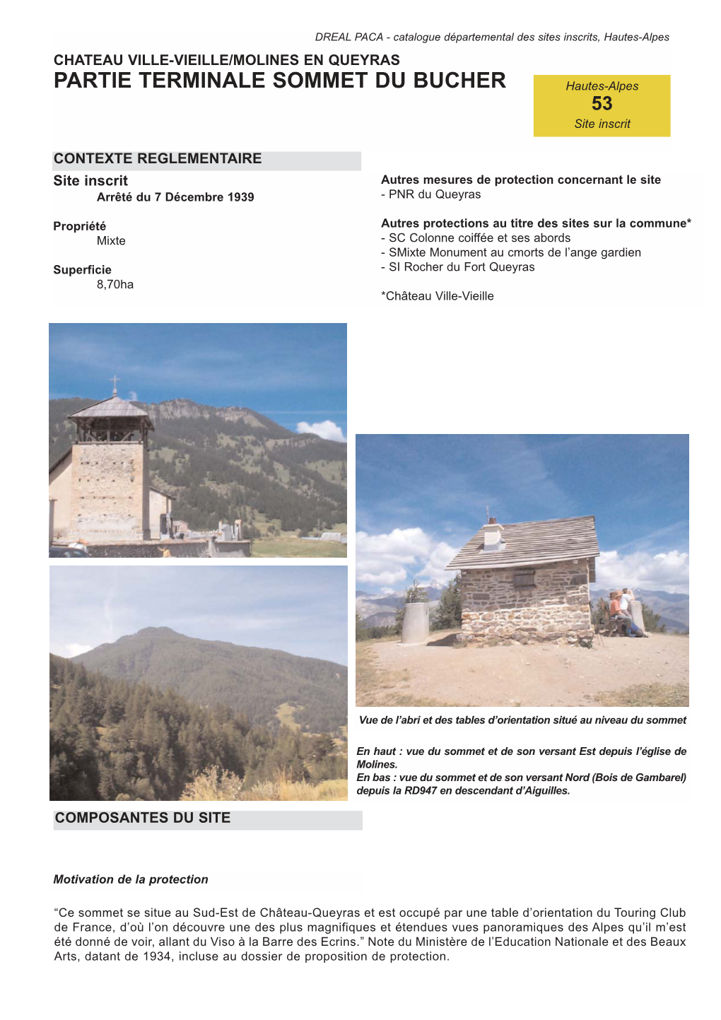 PARTIE TERMINALE SOMMET DU BUCHER Hautes-Alpes 53 Site Inscrit