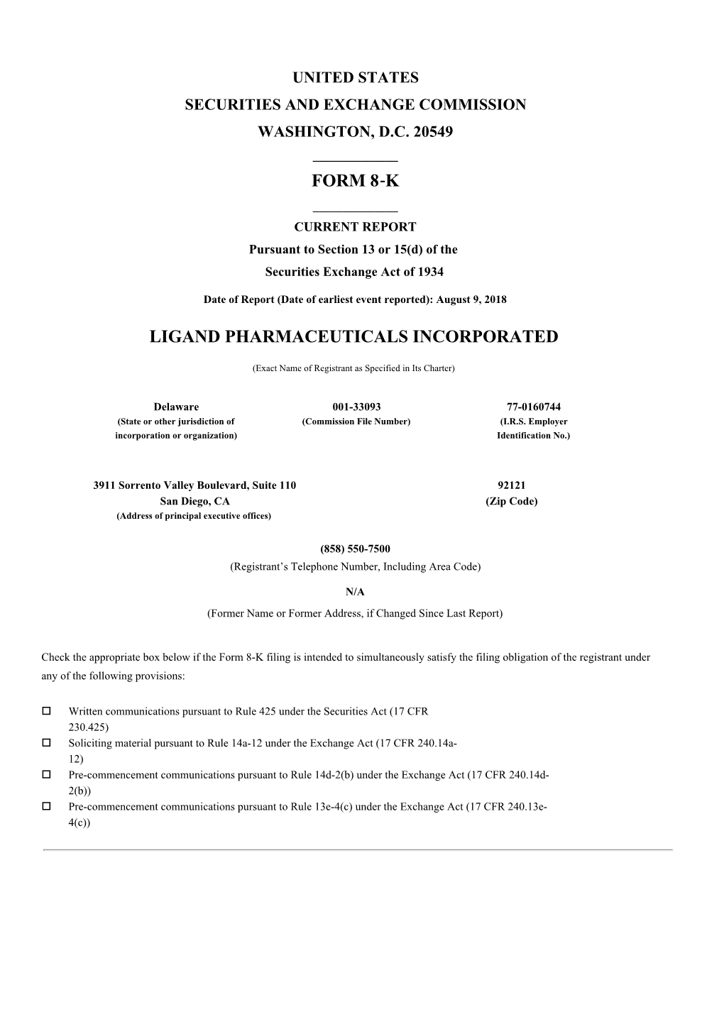 Form 8-K Ligand Pharmaceuticals Incorporated