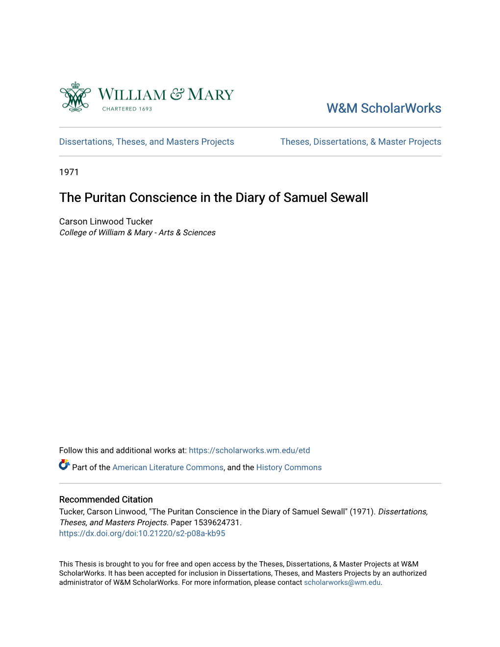 The Puritan Conscience in the Diary of Samuel Sewall