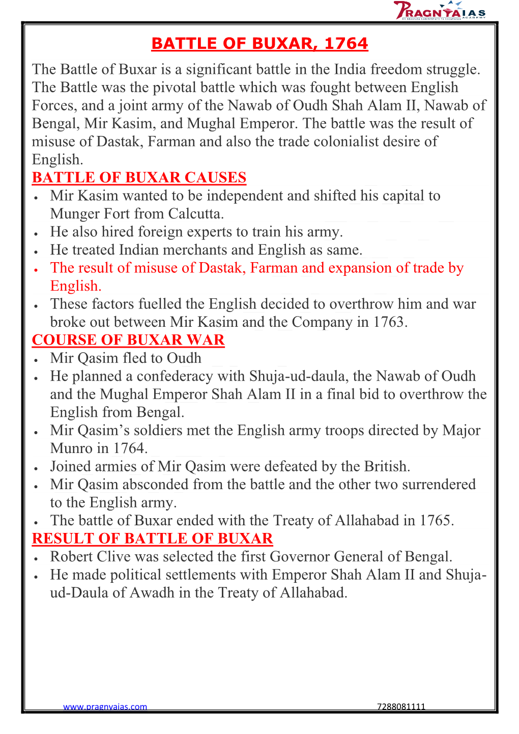 BATTLE of BUXAR, 1764 the Battle of Buxar Is a Significant Battle in the India Freedom Struggle