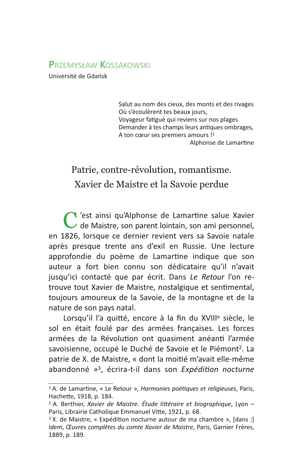 Patrie, Contrerévolution, Romantisme. Xavier De Maistre Et La Savoie Perdue