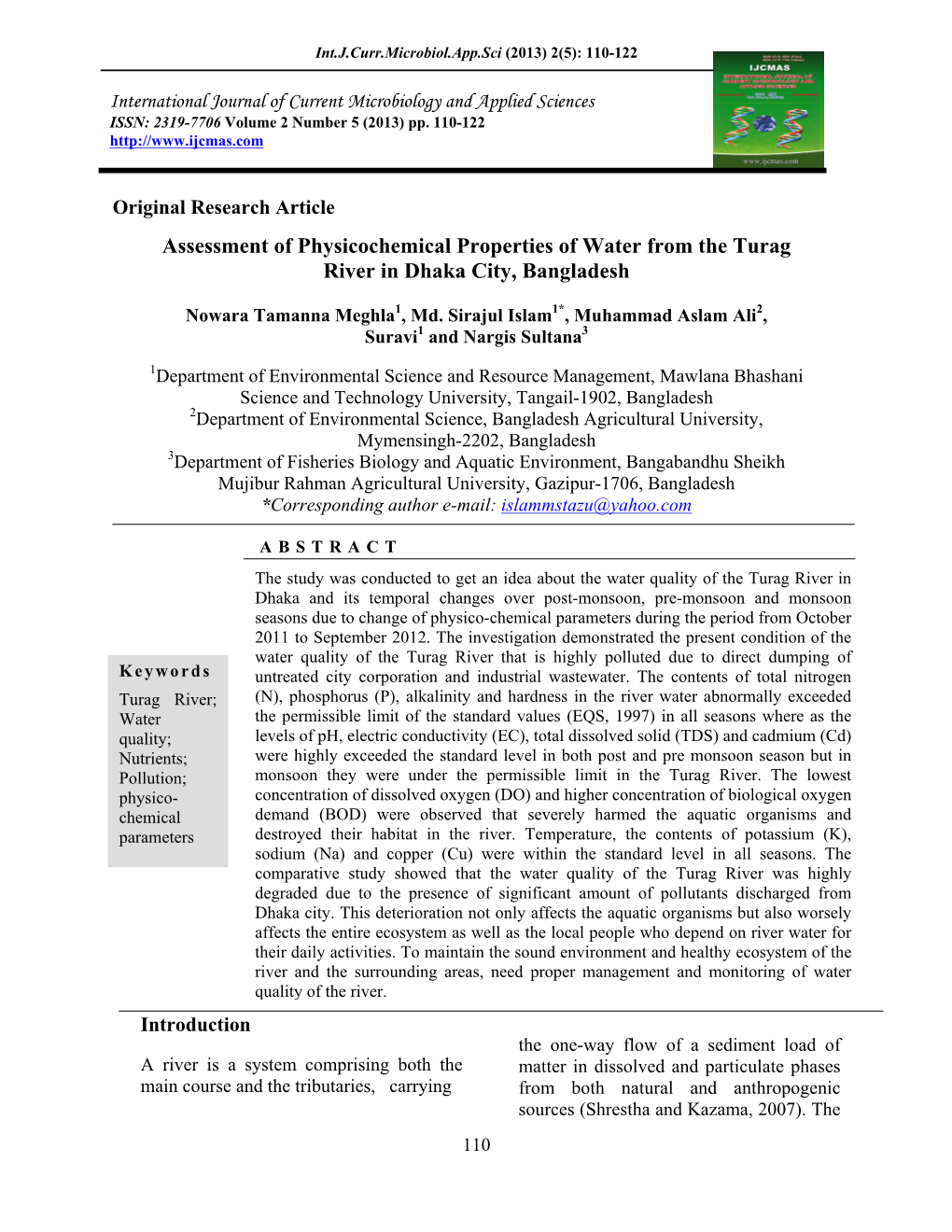 Assessment of Physicochemical Properties of Water from the Turag River in Dhaka City, Bangladesh