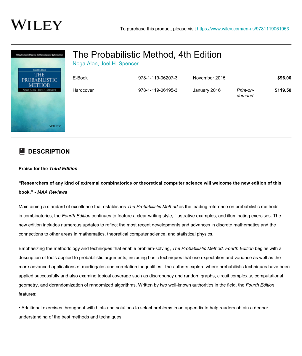 The Probabilistic Method, 4Th Edition Noga Alon, Joel H