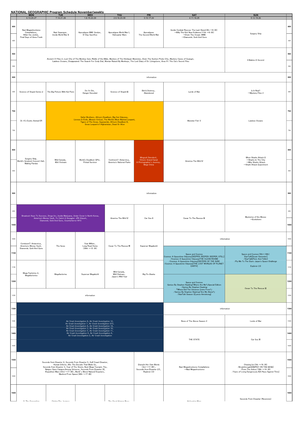 NATIONAL GEOGRAPHIC Program Schedule November(Weekly) MON TUE WED THU FRI SAT SUN 6.13.20.27 7.14.21.28 1.8.15.22.29 2.9.16.23.30 3.10.17.24 4.11.18.25 5.12.19.26