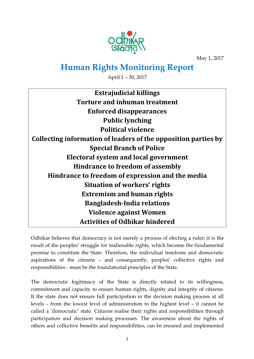 Human Rights Monitoring Report April 1 – 30, 2017