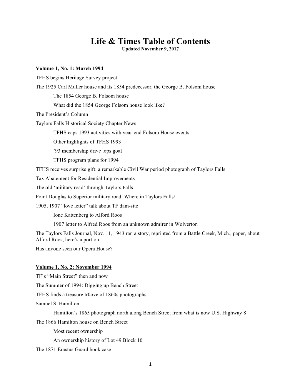 Life & Times Table of Contents