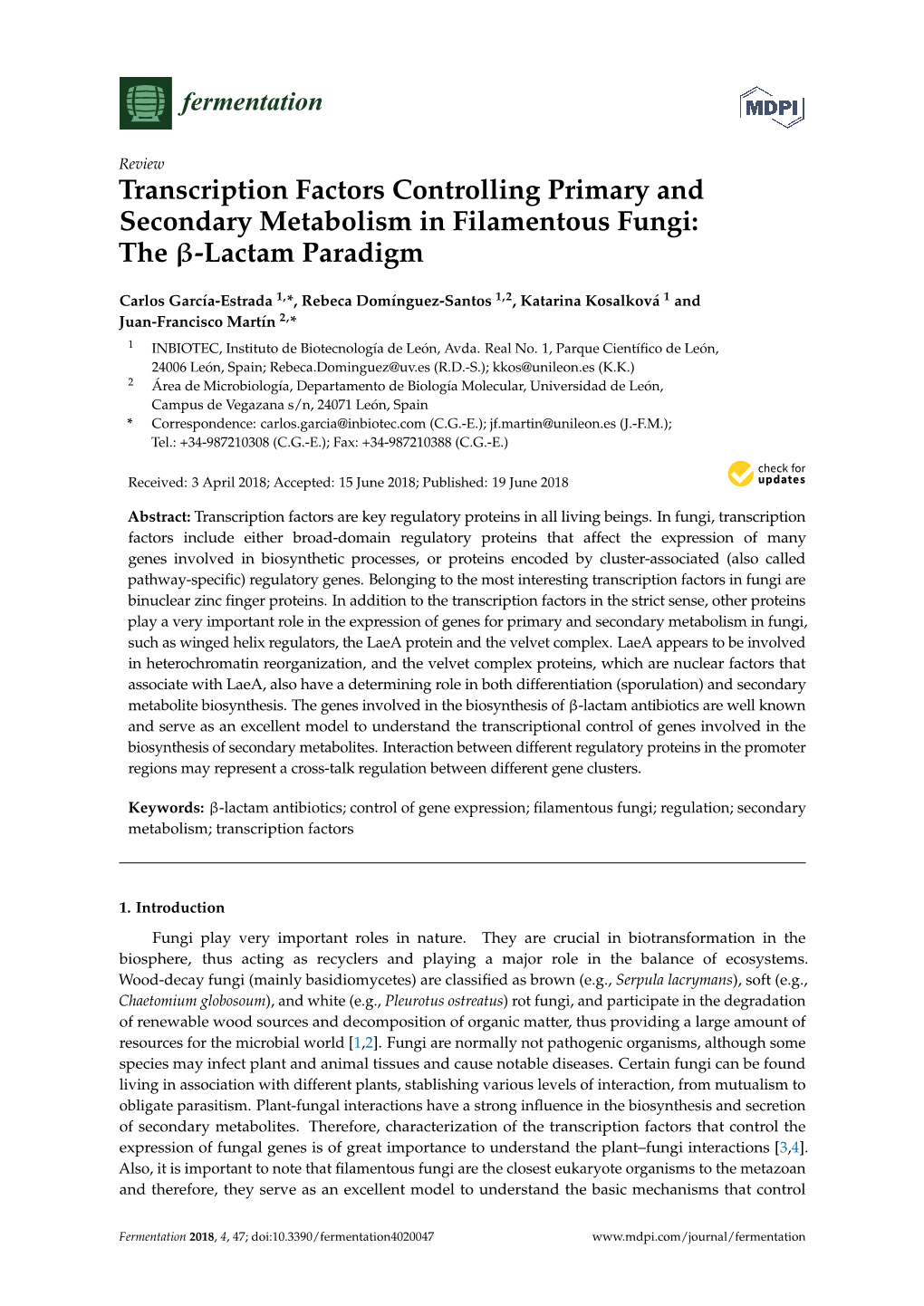 Transcription Factors Controlling Primary and Secondary Metabolism in Filamentous Fungi: the Β-Lactam Paradigm