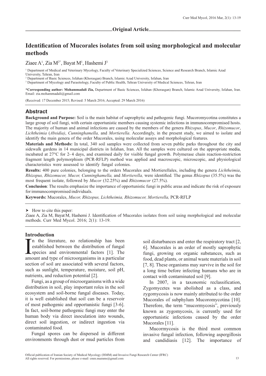 Identification of Mucorales Isolates from Soil Using Morphological and Molecular Methods