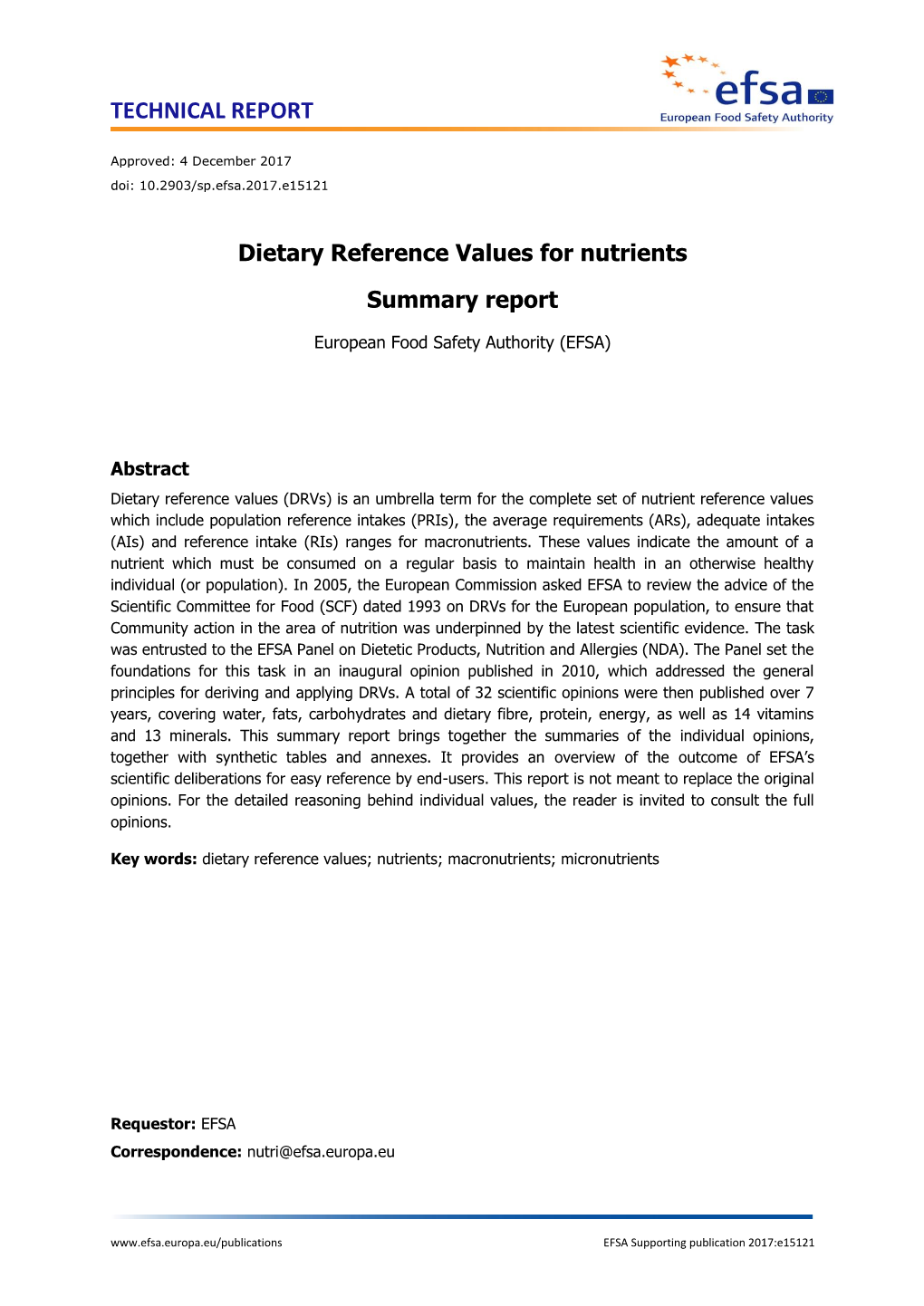 Dietary Reference Values for Nutrients Summary Report