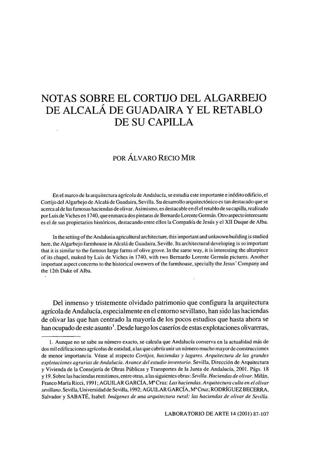 Notas Sobre El Cortijo Del Algarbejo De Alcalá De Guadaira Y El Retablo De Su Capilla