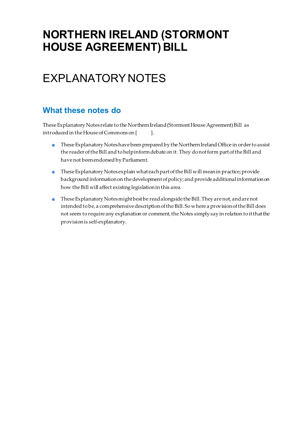 Northern Ireland (Stormont House Agreement) Bill Explanatory Notes