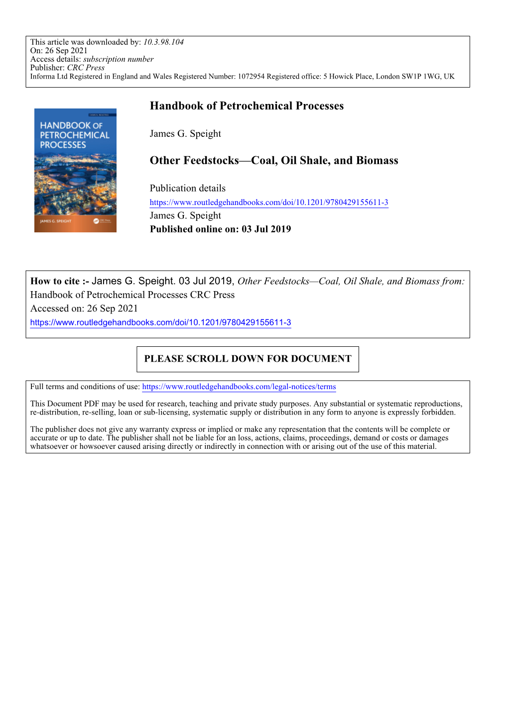 Handbook of Petrochemical Processes Other Feedstocks—Coal