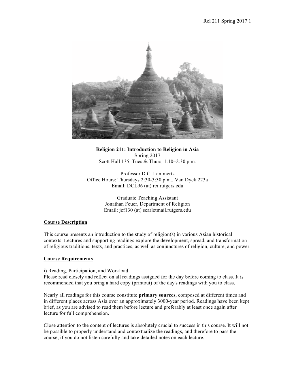 Introduction to Religion in Asia Spring 2017 Scott Hall 135, Tues & Thurs, 1:10–2:30 P