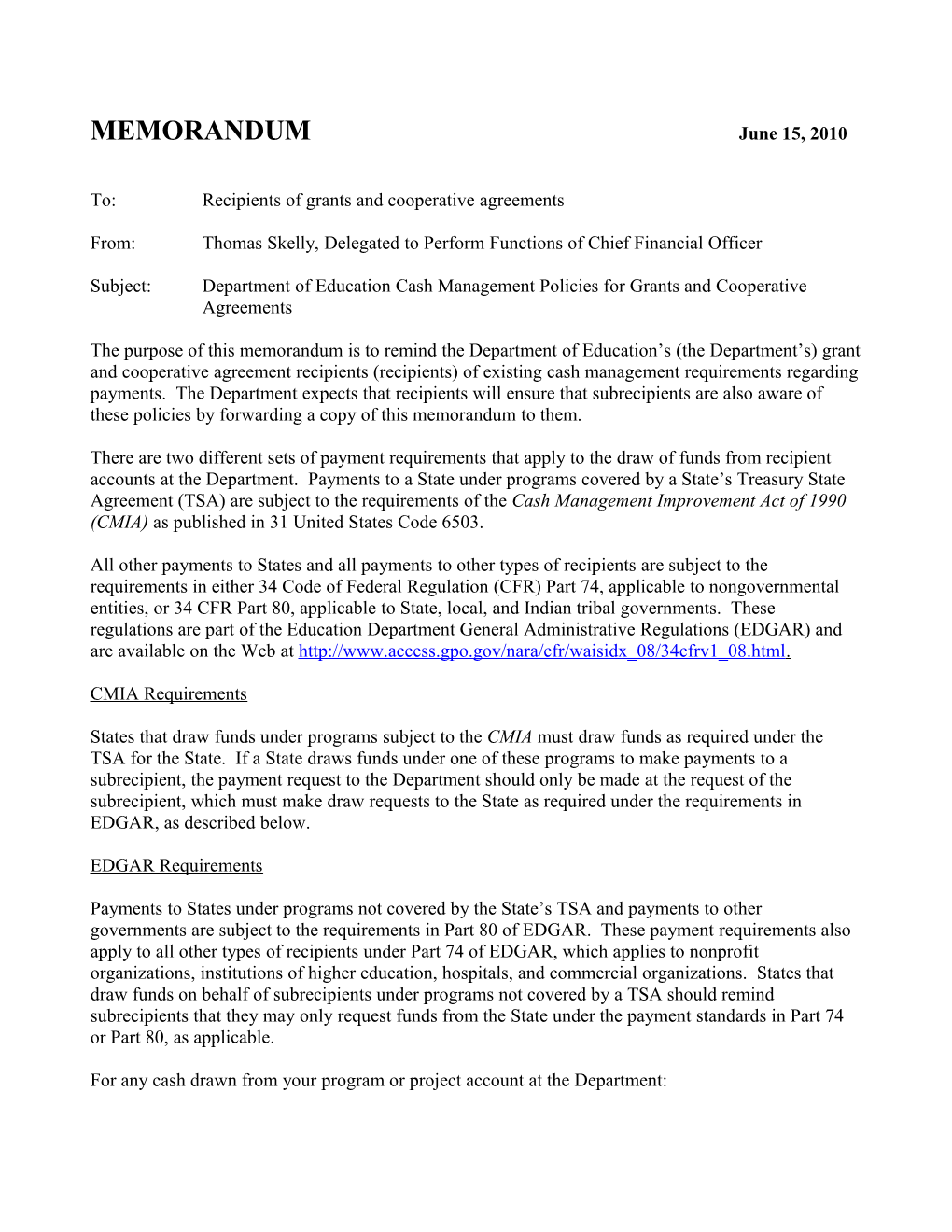 Department of Education Cash Management Policies for Grants and Cooperative Agreements