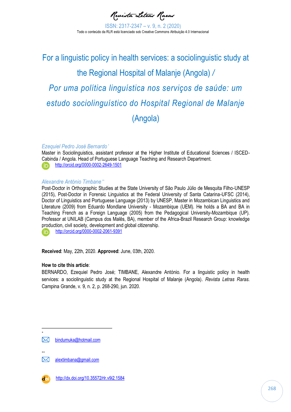 A Sociolinguistic Study at the Regional Hospital of Malanje (Angola)