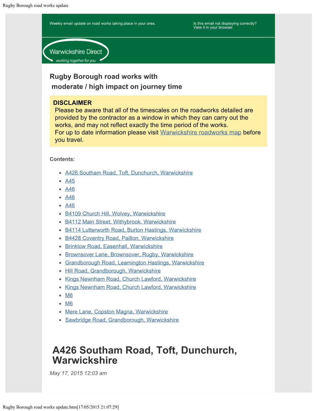 Rugby Borough Road Works Update