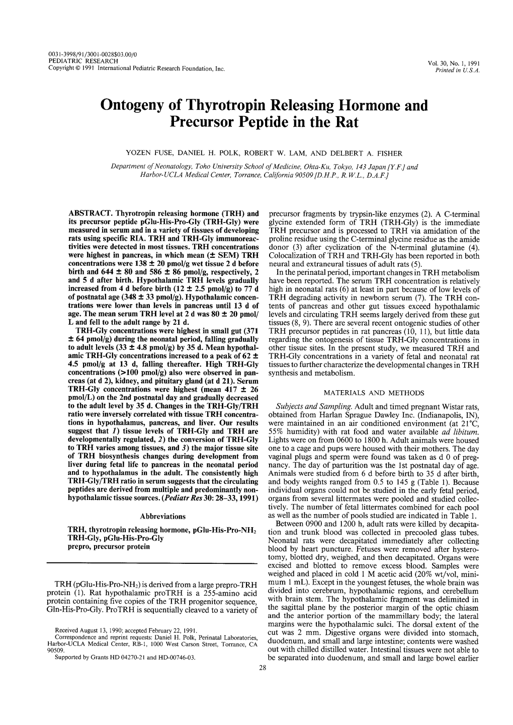 Ontogeny of Thyrotropin Releasing Hormone and Precursor Peptide in the Rat