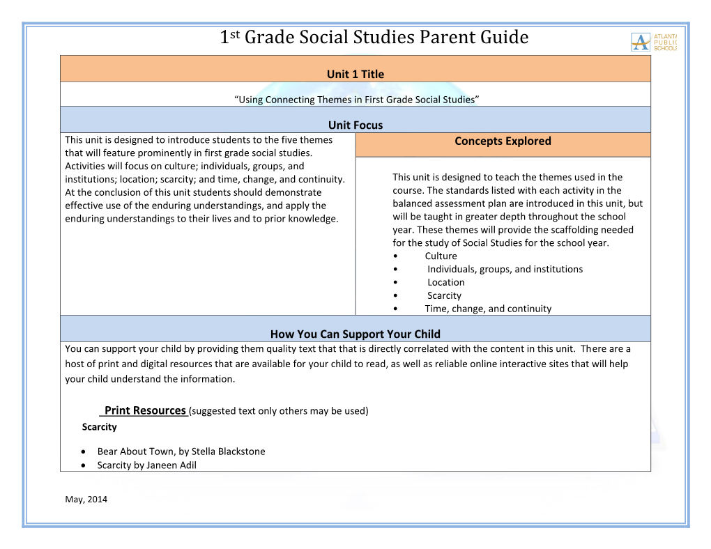 1St Grade Social Studies Parent Guide