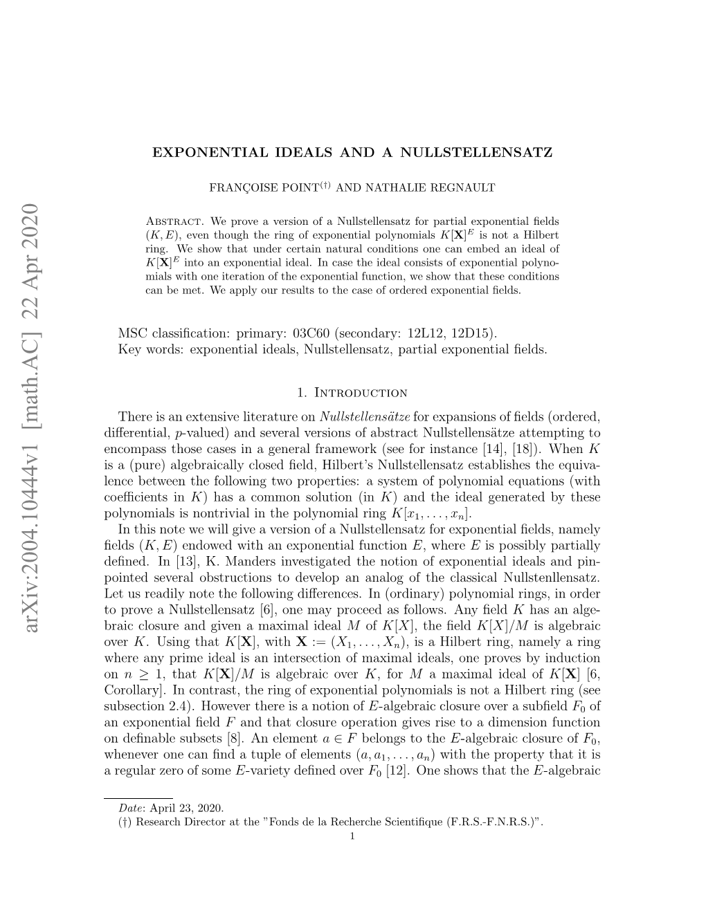 Exponential Ideals and a Nullstellensatz 3.1