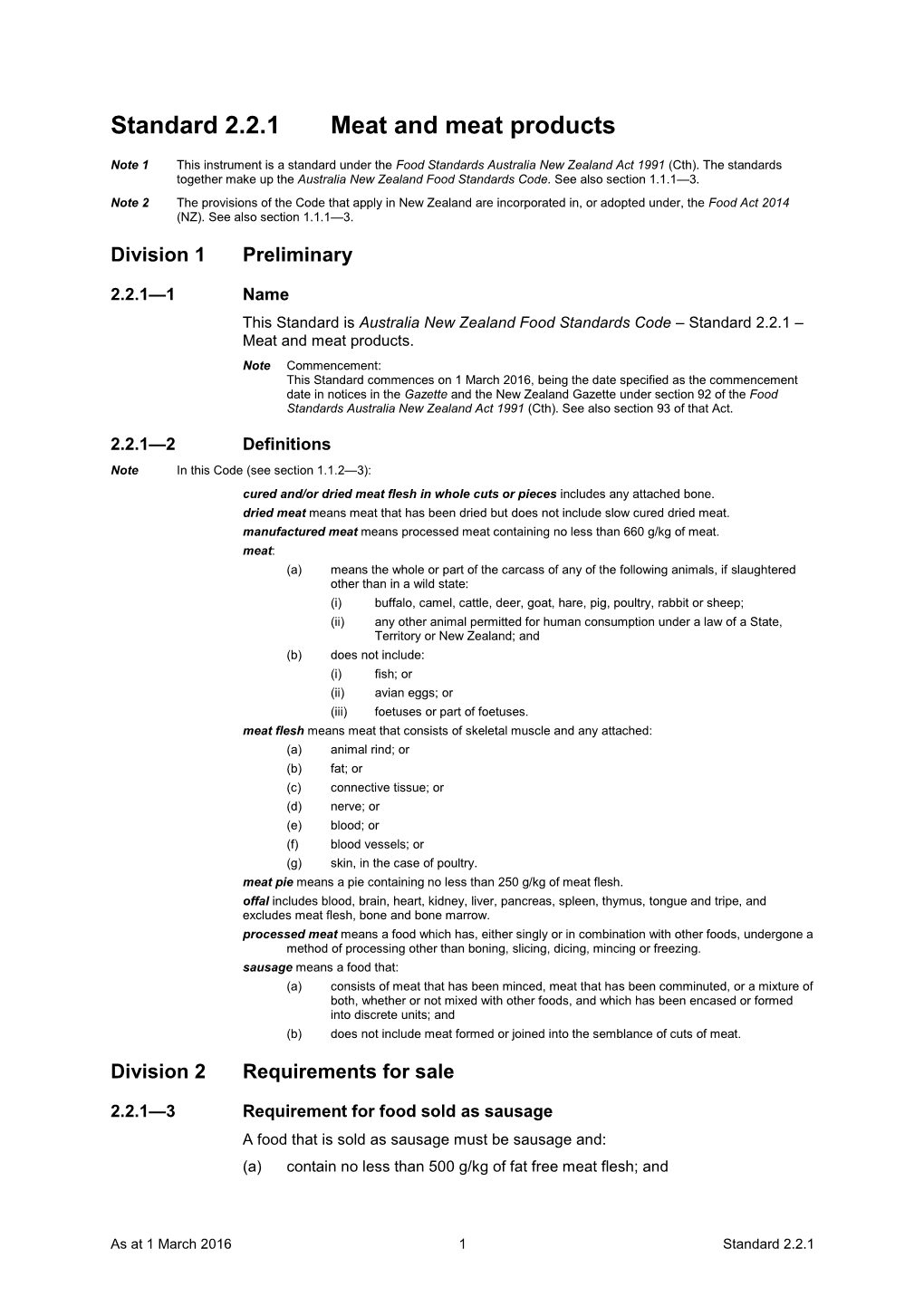 Standard 2.2.1 Meat and Meat Products