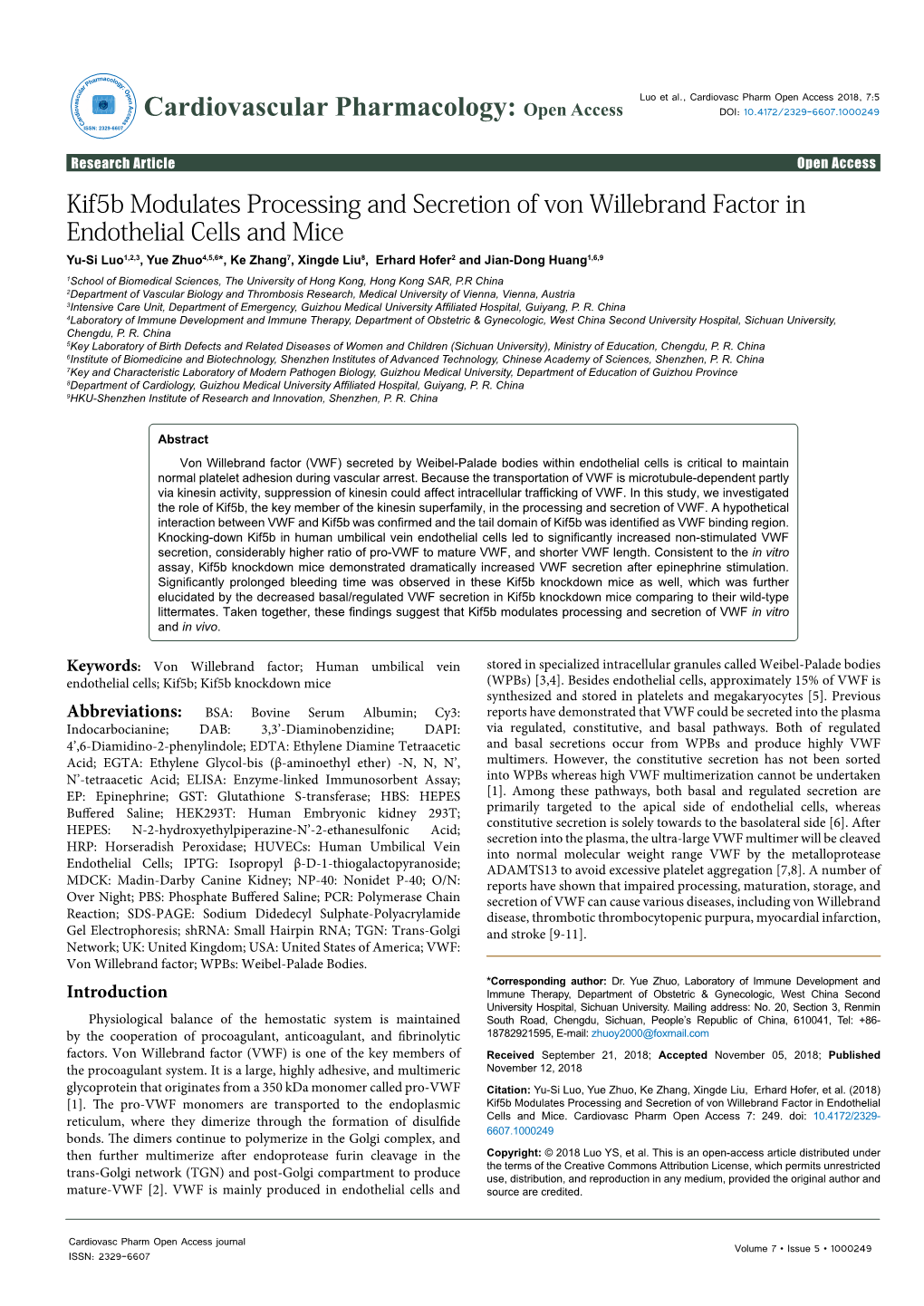 Kif5b Modulates Processing and Secretion of Von Willebrand Factor