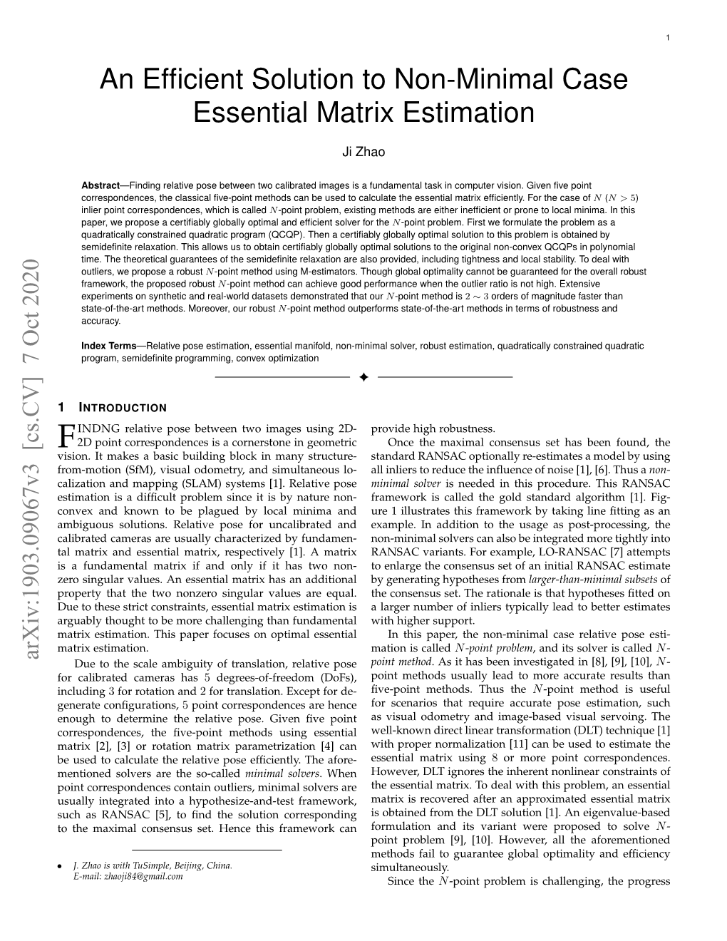 An Efficient Solution to Non-Minimal Case Essential Matrix Estimation