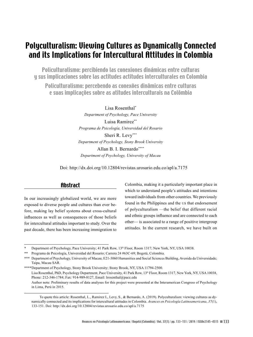 Polyculturalism: Viewing Cultures As Dynamically Connected and Its Implications for Intercultural Attitudes in Colombia