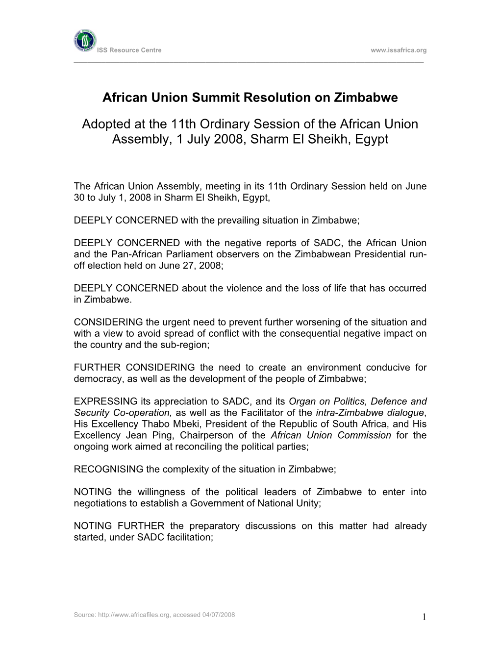 African Union Summit Resolution on Zimbabwe Adopted at the 11Th