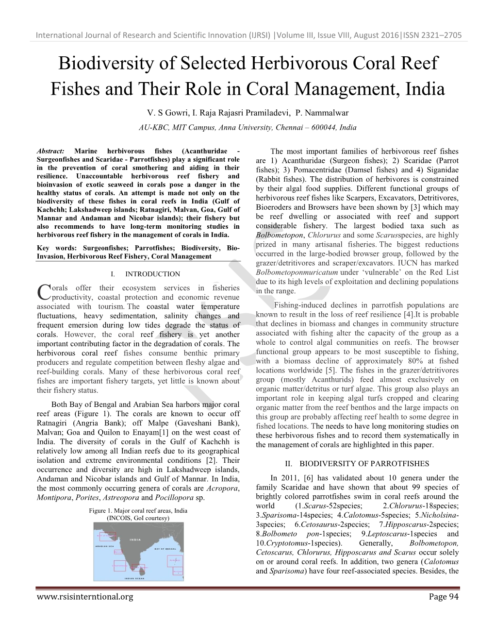 Biodiversity of Selected Herbivorous Coral Reef Fishes and Their Role in Coral Management, India