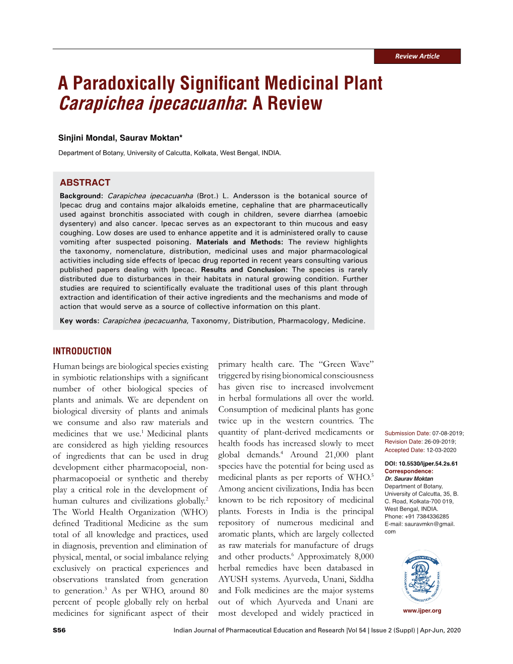 Carapichea Ipecacuanha: a Review