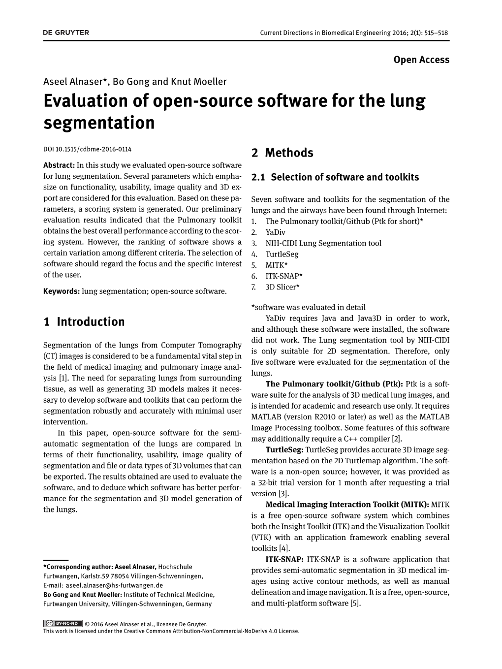 Evaluation of Open-Source Software for the Lung Segmentation