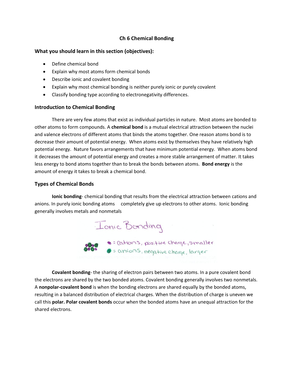 Ch 6 Chemical Bonding What You Should Learn in This Section (Objectives): Introduction to Chemical Bonding Types of Chemical