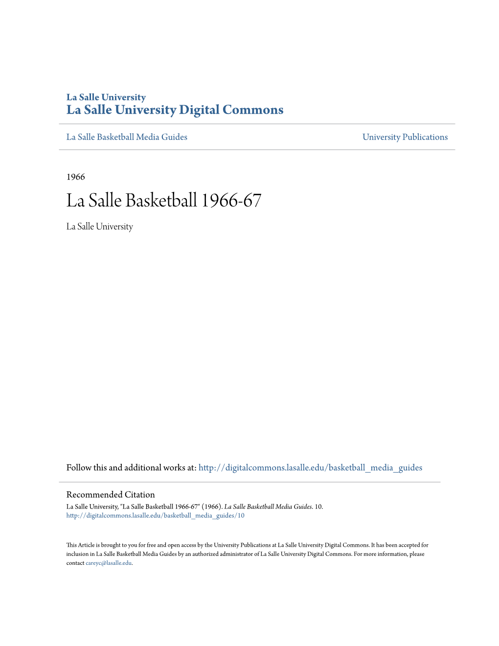 La Salle Basketball 1966-67 La Salle University