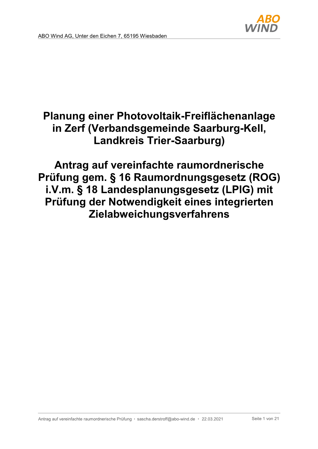 Planung Einer Photovoltaik-Freiflächenanlage in Zerf (Verbandsgemeinde Saarburg-Kell, Landkreis Trier-Saarburg)