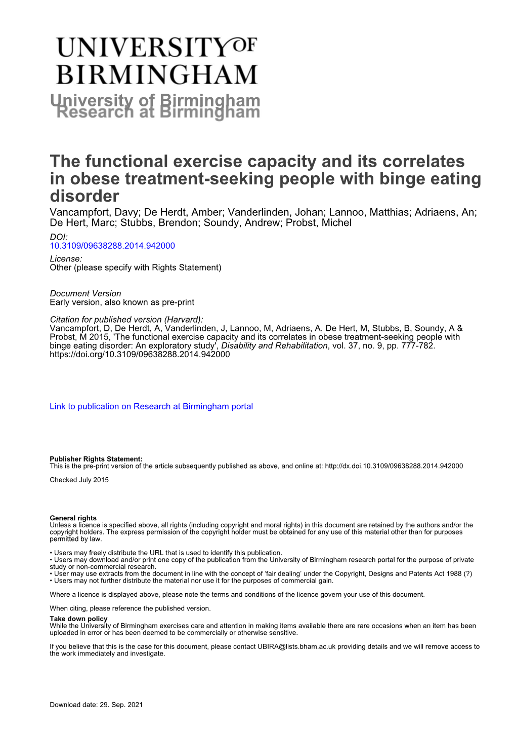 University of Birmingham the Functional Exercise Capacity and Its Correlates in Obese Treatment-Seeking People with Binge Eating
