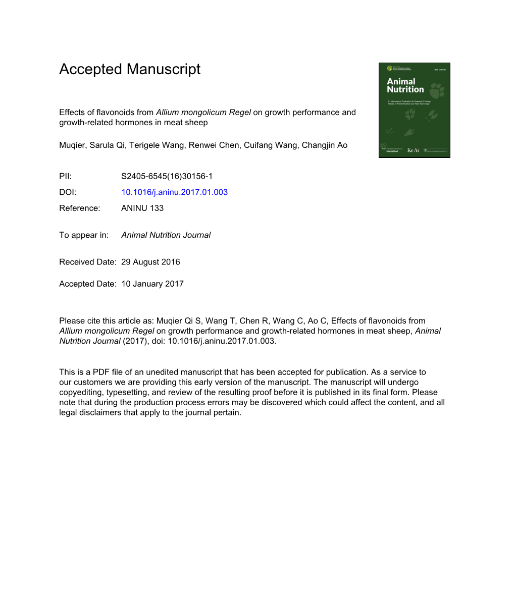 Effects of Flavonoids from Allium Mongolicum Regel on Growth Performance and Growth-Related Hormones in Meat Sheep