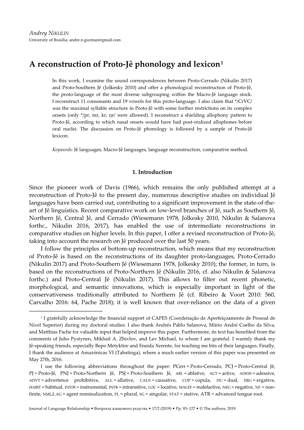 A Reconstruction of Proto-Jê Phonology and Lexicon1