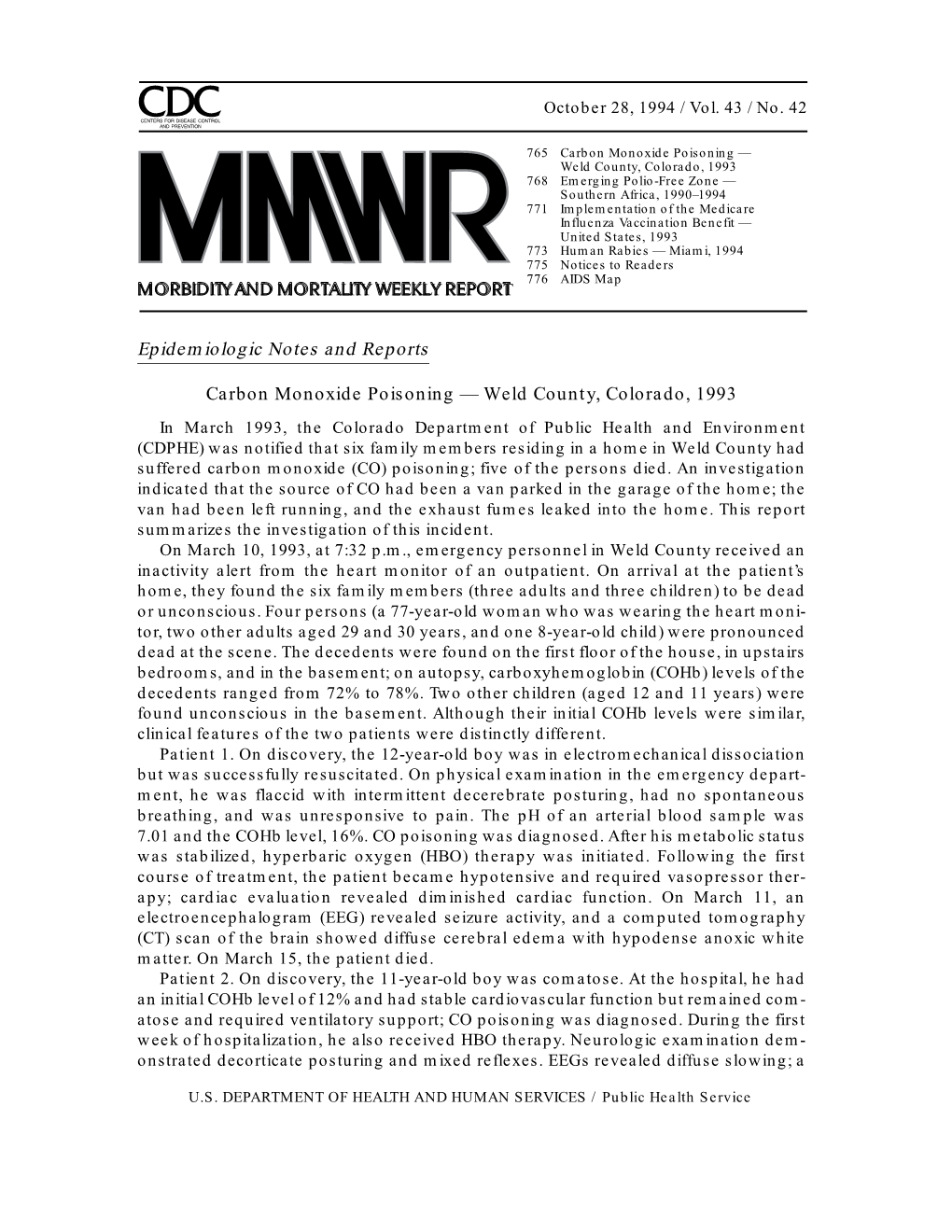 Epidemiologic Notes and Reports Carbon Monoxide Poisoning