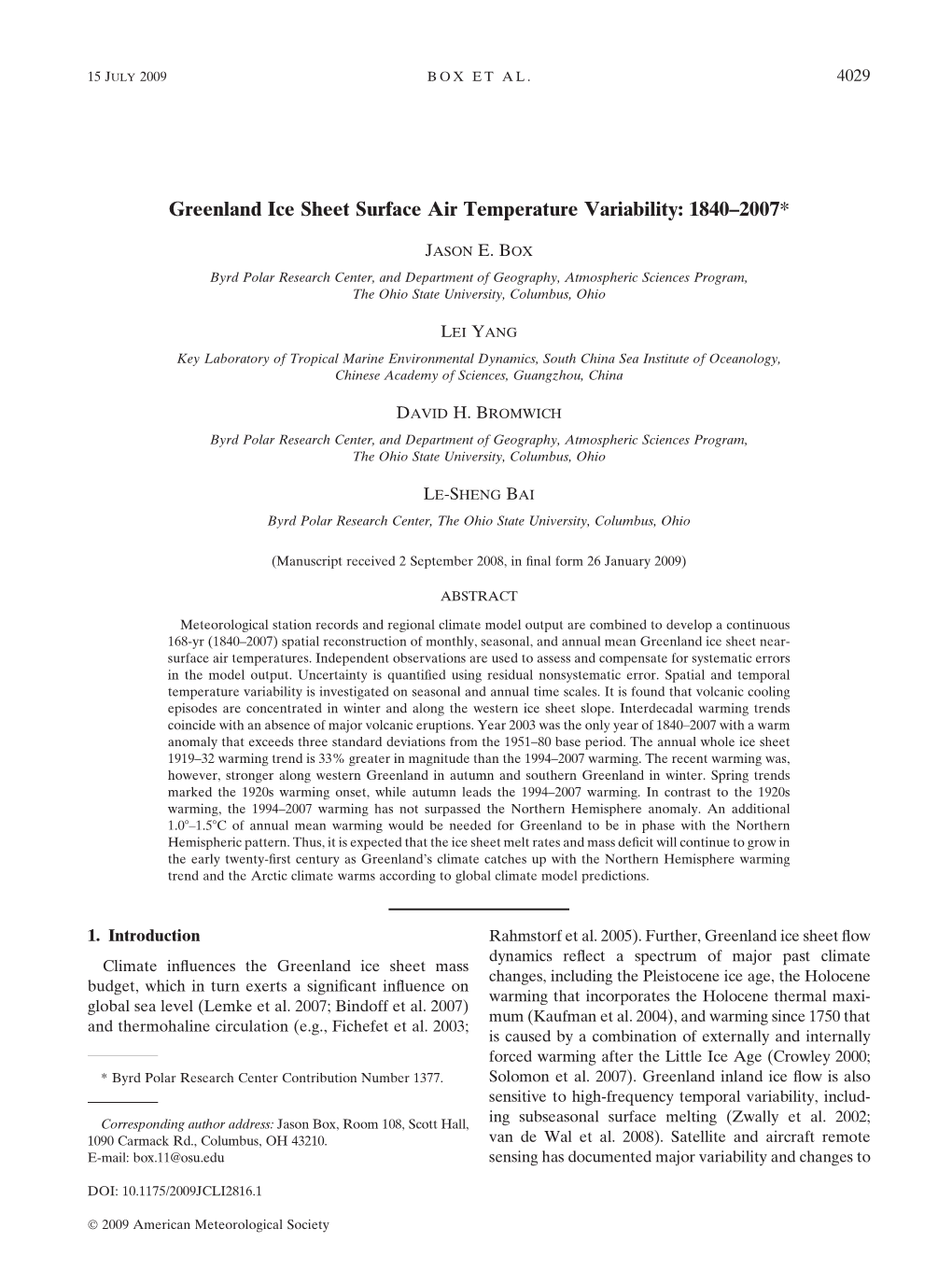 Greenland Ice Sheet Surface Air Temperature Variability: 1840–2007*