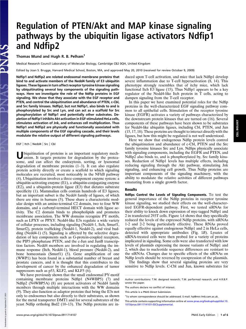 Regulation of PTEN/Akt and MAP Kinase Signaling Pathways by the Ubiquitin Ligase Activators Ndﬁp1 and Ndﬁp2