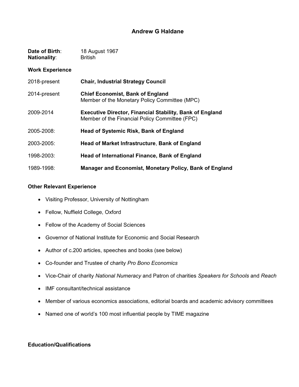 Andy Haldane CV June 2020