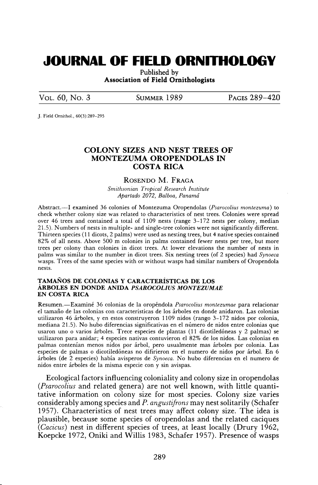 Colony Sizes and Nest Trees of Montezuma Oropendolas in Costa Rica