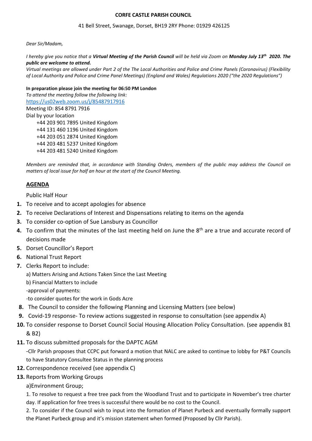 Corfe Castle Parish Council Agenda July 13Th 2020